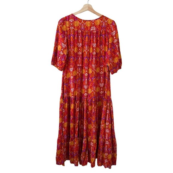 Abel the Label Cottagecore Floral Tiered‎ Midi Dress S Red Fall Prairie Peasant - Picture 2 of 16